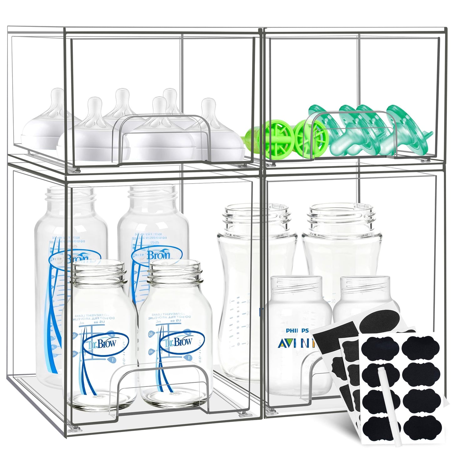 Baby Bottle Organizer, Stackable Storage Drawers with Label, Clear Station Organizers Container for Pacifiers, Pump Parts, Desk Organizer Bins for Bathroom, Cabinet, Pantry, Vanity, Countertop, 4 Pack