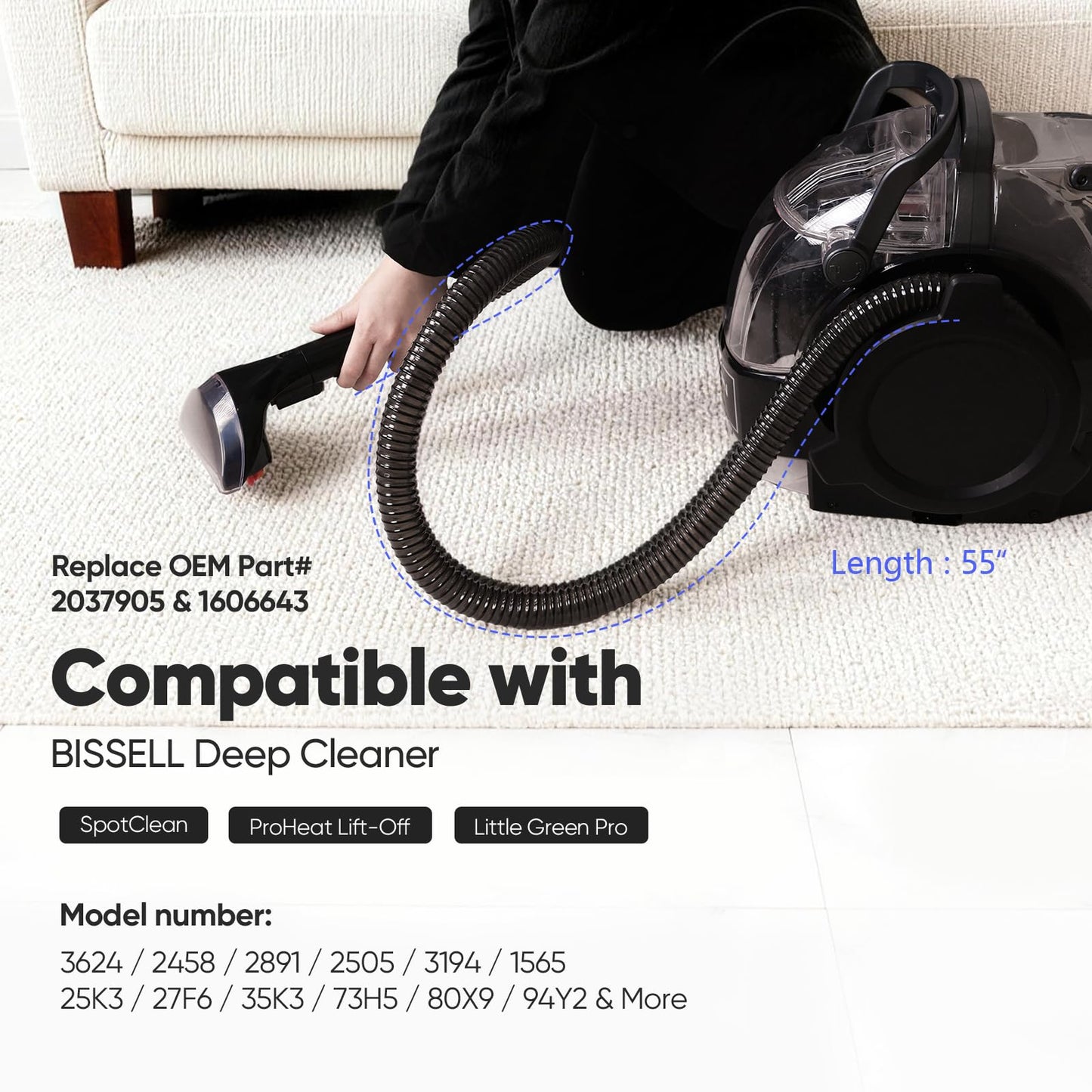 Upgraded Compatible with Bissell Replacement Hose-Fits Models 3624,3194,2505,2458,2891,1565 & More,Compatible with Bissell Parts-OEM Models 2037905 & 1606643,Flexible Hose for Deep Cleaner