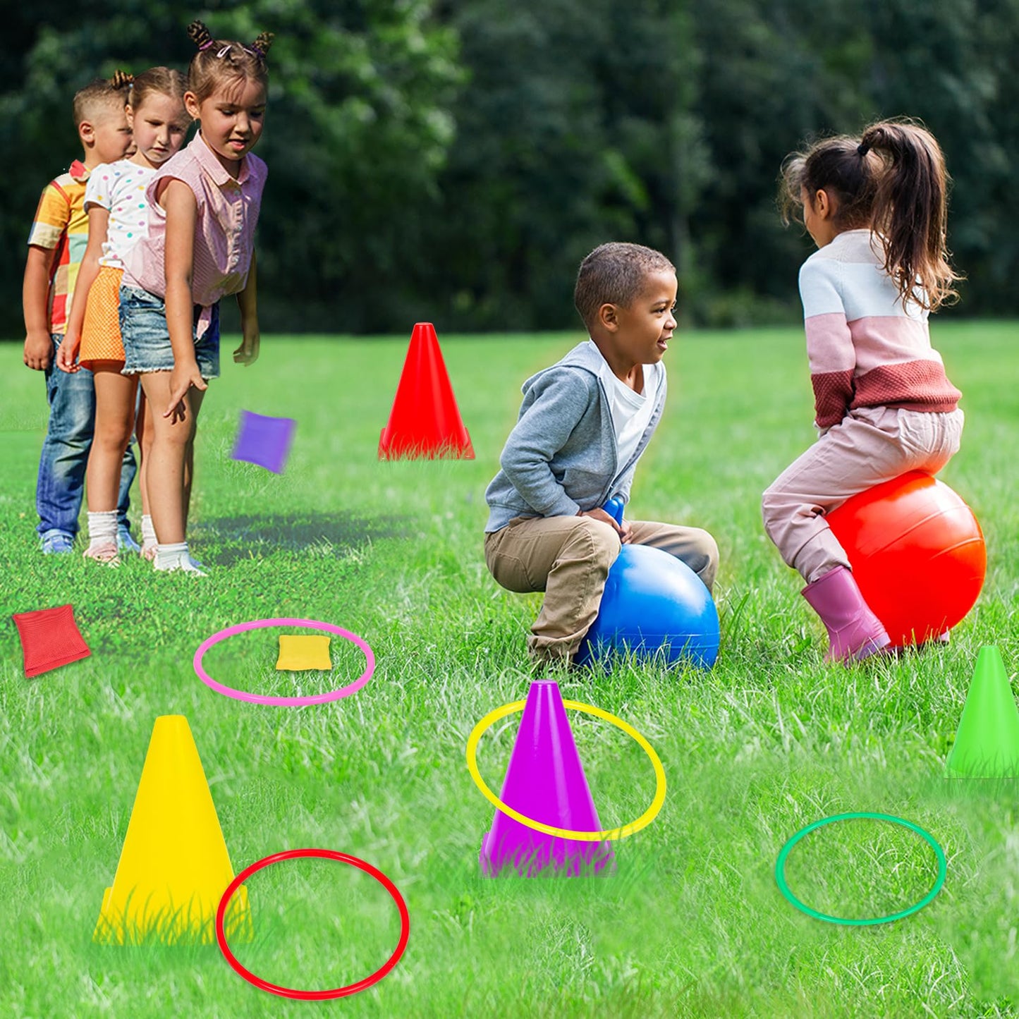 4 in 1 Carnival Outdoor Games Combo Set for Kids with 2 PCS Hopper Balls, 18 inch Bouncy Ball with Handle & Soft Plastic Cones & Bean Bags Ring Toss Game, Gift for Family Birthday Party Backyard Games