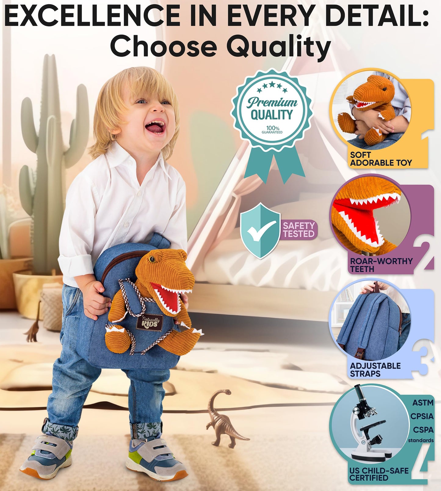 Naturally KIDS Toddler Backpack w Stuffed Animal Toy, Small Kids Backpacks for Grls Boys, Toddler Gifts, Dinosaur Toys