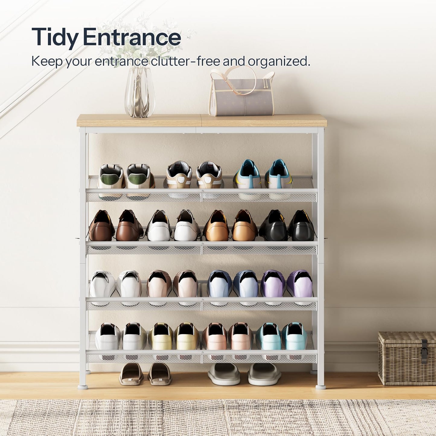 HOOBRO Shoe Rack for Entryway, 5-Tier Shoe Organizer with Adjustable Mesh Shelves, 12-16 Pairs of Shoes, Spacious Floor Mount, Metal, Industrial, Shoe Shelf for Closet, Natural and White WN12XJ01