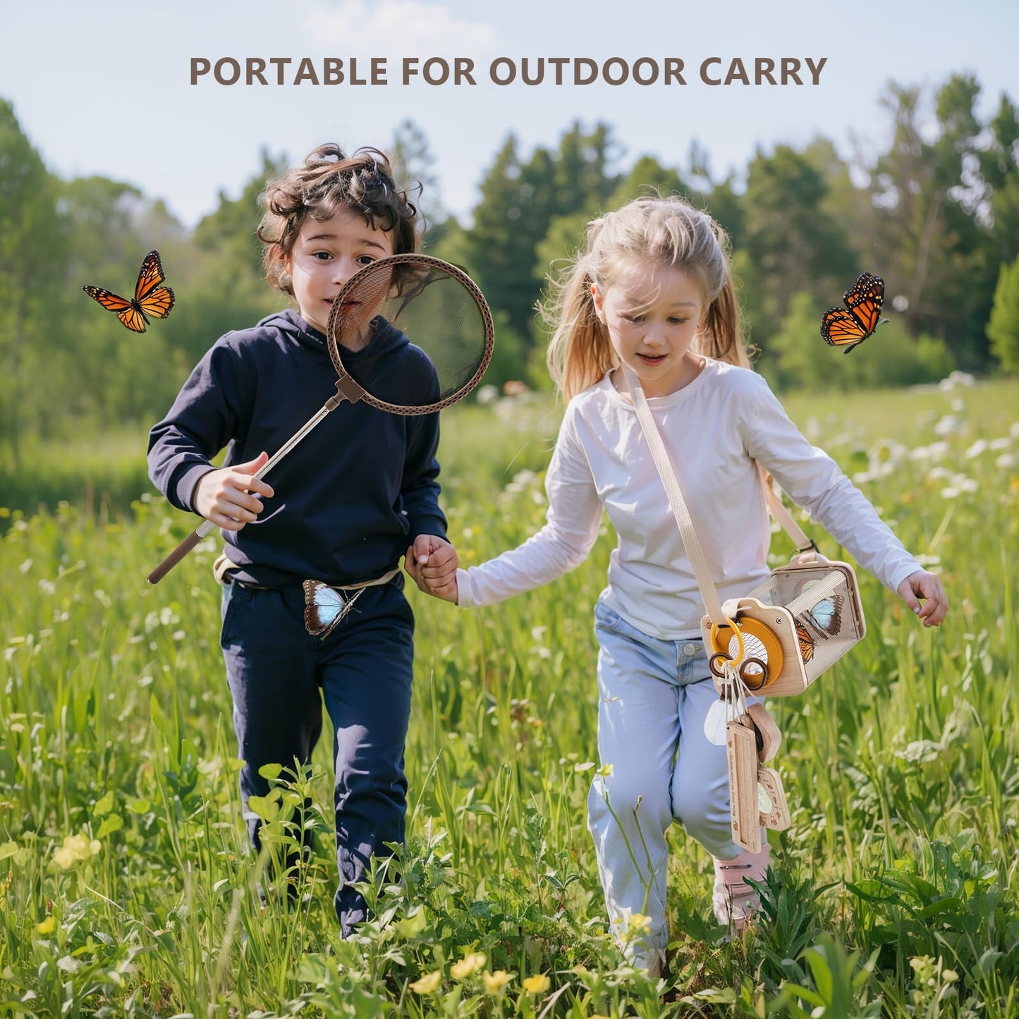 Macabaka Wooden Bug Catcher for Kids, 8-in-1 Insect Exploration Set with Butterfly Net, Magnifying Glass, Bug Habitat, Tweezers, Compass,Outside Toys for Toddlers