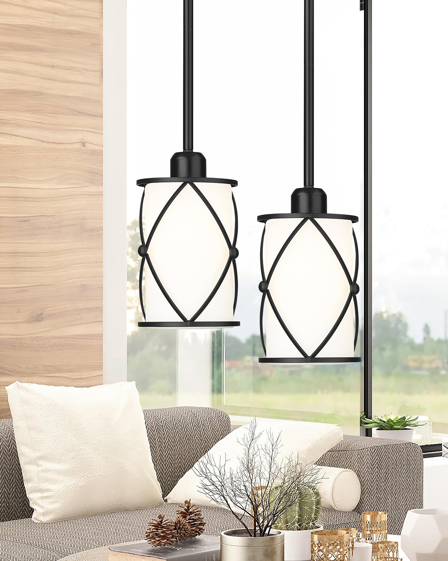 Osimir Glass Pendant Lights Kitchen Island, 2 Pack Modern Black Pendant Light Fixtures with Frosted Glass and Rod, Mid Century Cage Pendant Light for Kitchen Sink Dining Room, CH9176BKW-2PK
