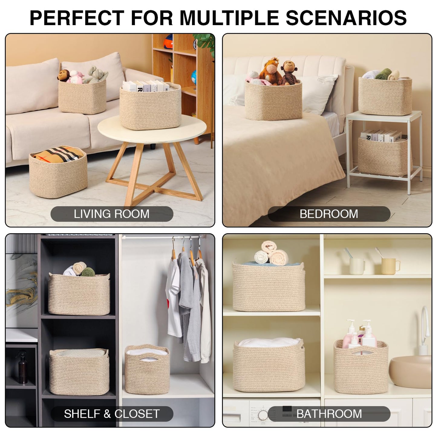 Dcerzxzci Storage Baskets for Organizing Shelves, Woven Cotton Rope Basket for Storage, Dog Toy Baskets Storage Kids, Cute Shelf Basket for Living Room Bedroom, 14.8"×11"×9.5", Pack of 3, Brown