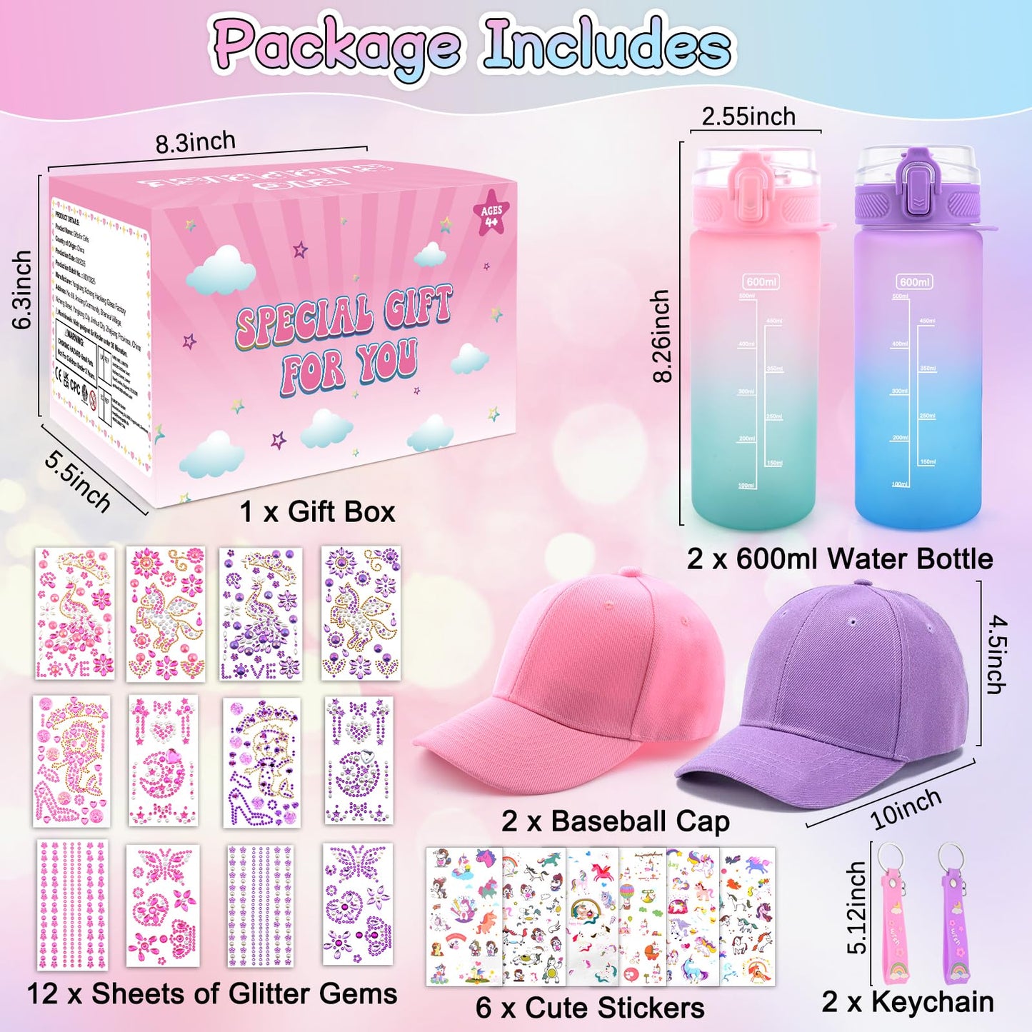 Gifts for Girls Decorate Your Own Water Bottle and Baseball Cap, Christmas Birthday Gifts for Girls 4 5 6 7 8 9 Year Old, Fun Arts and Crafts for Kids Ages 4-6, DIY Unicorn Stickers for Girl 8-10