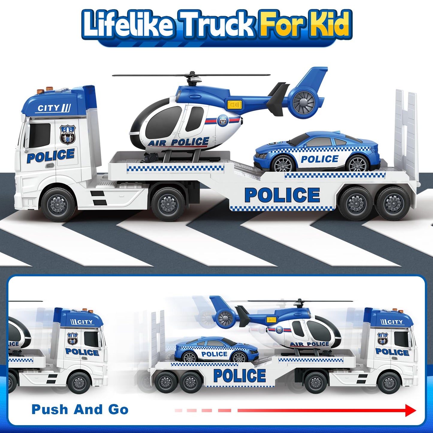 SpringFlower Toddler Boy Toys, 25" Large Police Truck Toy with Racing Car and Helicopter,3 in 1 Police Car Boy Toy, Christmas Birthday Gifts for Kids 3 4 5 6 Years Old