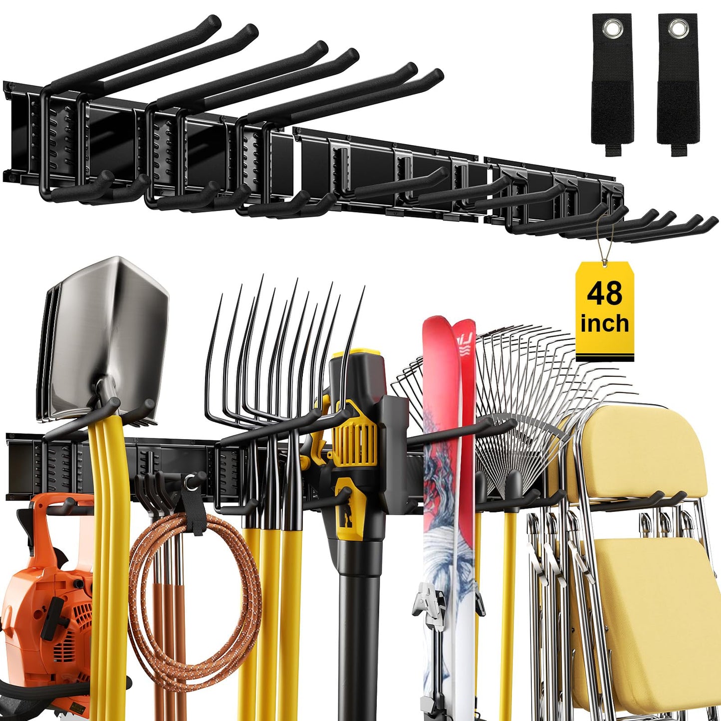 YZSFMZGE 96" Garage Tool Organizer Wall Mount, 1250lbs Heavy Duty Garden Tool Storage Rack with 15 Adjustable Hooks for Yard, Shed, Garage (6 Racks, 15 Hooks, 2 Straps, Steel)