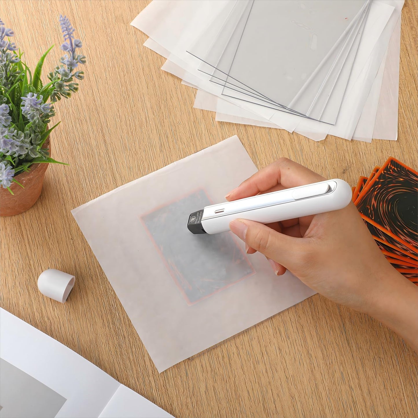 Grinsvalley 47 Pcs Card Flattening Kit Thermal Pen Card Based Care Tool Accessory Set Include 1 White Crease Reducer Thermal Pen 25 Heat Papers 20 Heat Vinyl Clear Sheets and 1 USB Charging