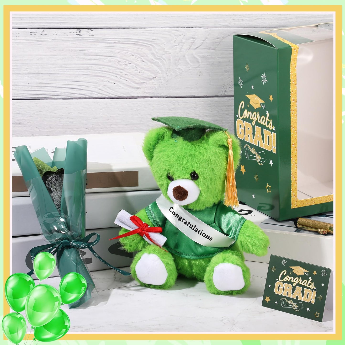 Hollowfly Graduation Bear Gifts Set Include Graduation Bear of 2026 Stuffed Animal with Cap and Gown, Artificial Flower, Graduate Gift Box with Window and Greeting Card for Him or Her(Green)