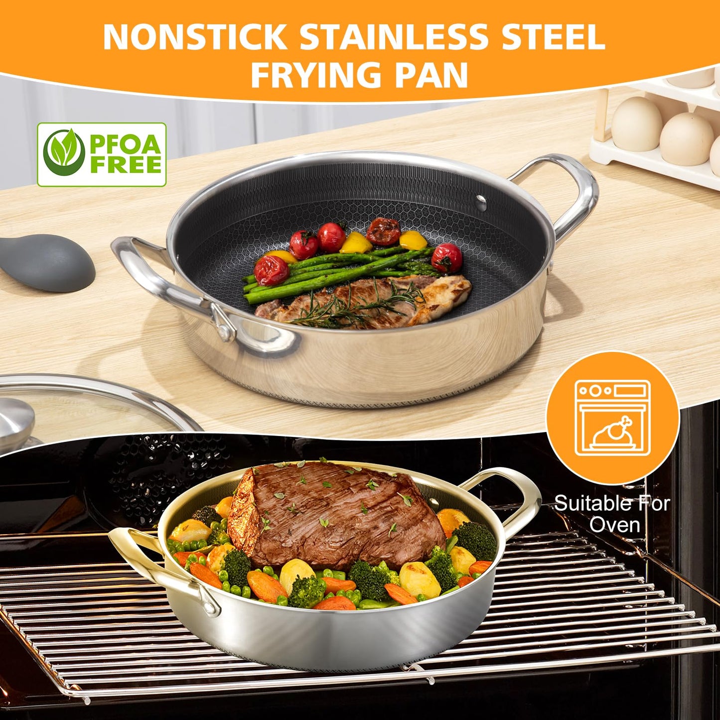 Toutrop Stainless Steel 7QT Saute Pan 14 Inch Deep Frying Pan with Lid Nonstick,Hybird Induction Cooking Pan,PFOA Free Cookware,Large Skillets