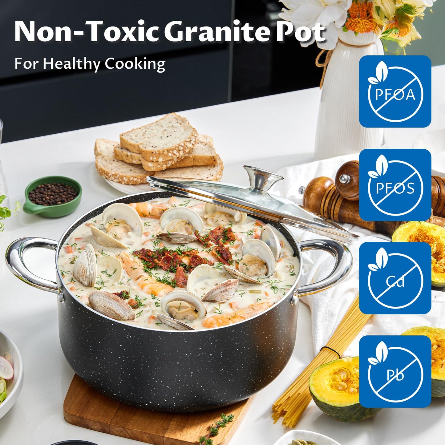 BEZIA Large 12 Quart Nonstick Stock Pot with Lid, Induction Cooking Pot Soup Pot, Non-toxic and Oven Safe, Perfect for Stews, Soups and All Stovetops, PFOA PFAS Free