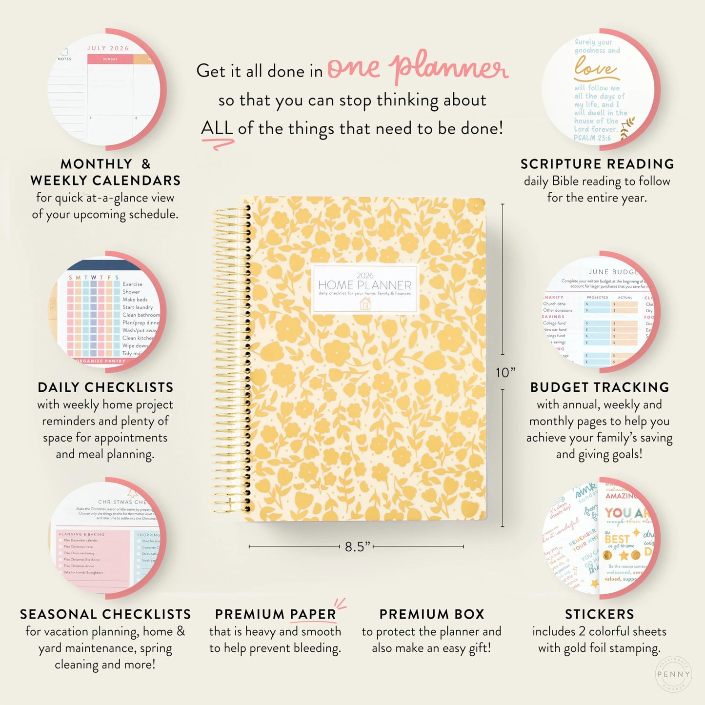 PPP Home Planner 2026 | 12-Month Weekly Calendar (Sunday Start) | Monthly Review & Seasonal Checklists | Budgeting & Savings Worksheets | Daily Bible Reading Plan | Checklists for Routines and Goals