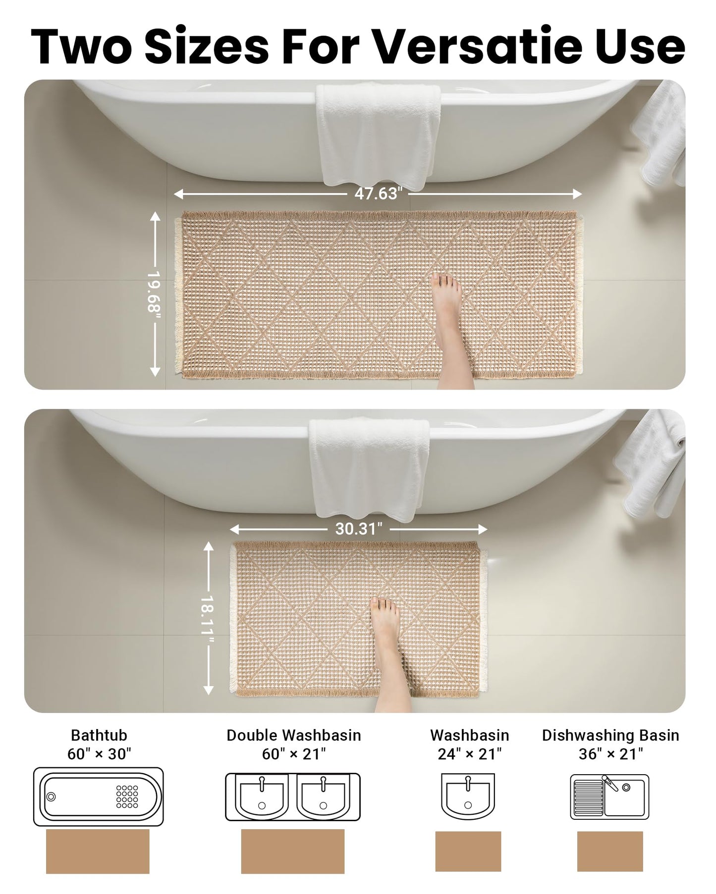 Furicher Waffle Bath Mat Set, Non Slip Bathroom Rugs Sets 2 Piece, Ultra Absorbent Long Bath Rug Runner for Bathroom Boho Chic Decor, Machine Washable Floor Mats, Brown & White, 20"×47" Plus 18"×30"