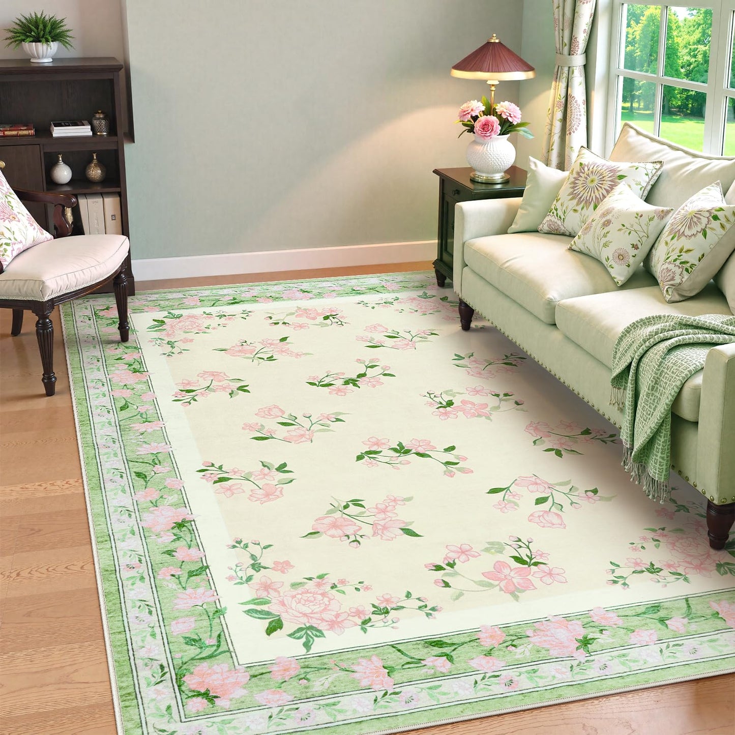 LIVEBOX Machine Washable Rug 5 x 7 Green Rugs for Living Room, Non Slip Vintsge Boho Bedroom Rug, Low-Pile Print Distressed Floral Carpet for Bedroom Home Office, Dining Room