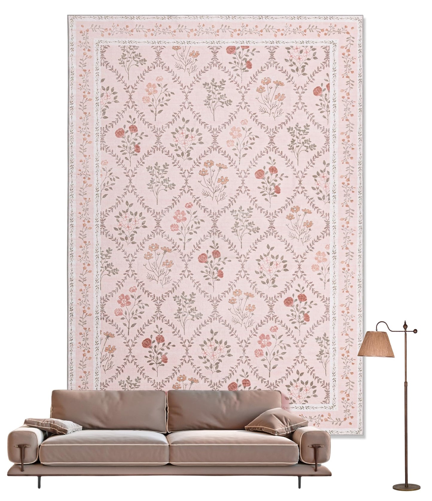 YIHOUSE 5x7 Pink Floral Rug for Bedroom Girls, Washable Area Rugs for Living Room Non Slip Ultra-Thin, Soft Throw Carpet for Nursery, Kids Playroom, Classroom, Home Office Decor