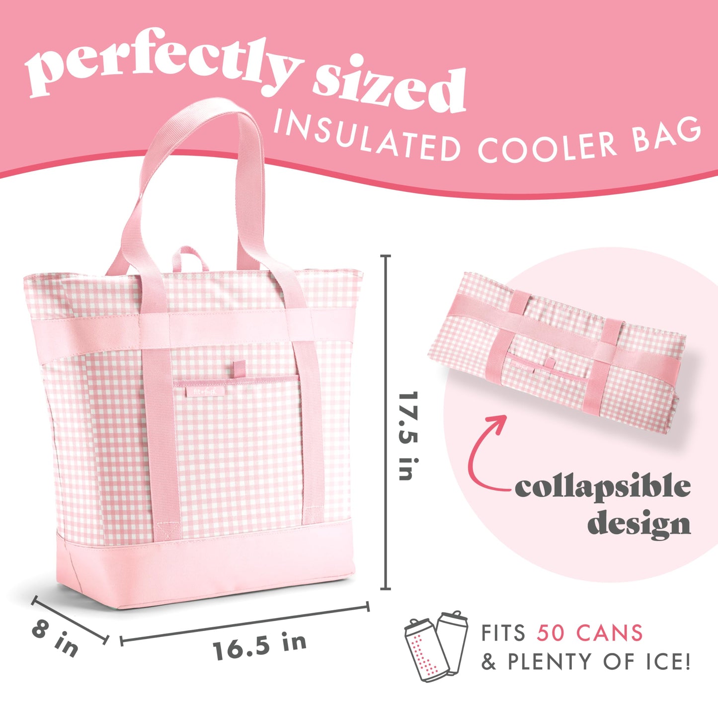 Fit & Fresh Insulated Grocery Tote Bag – Large Reusable Thermal Cooler Bag for Shopping, Food Delivery & Catering – Premium Leak Resistant Food Carrier, Foldable Soft Cooler, Pink Gingham