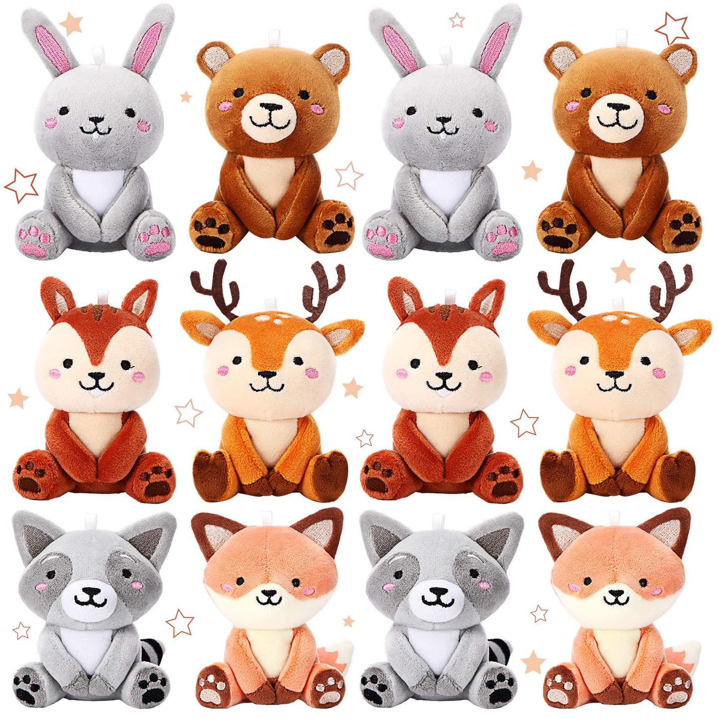 Suilung 12 Pcs Mini Woodland Stuffed Animals Bulk 4'' Woodland Animal Plush Toys Cute Bear Rabbit Raccoon Fox Deer for Baby Shower Party Centerpiece Birthday Gifts Classroom Prizes