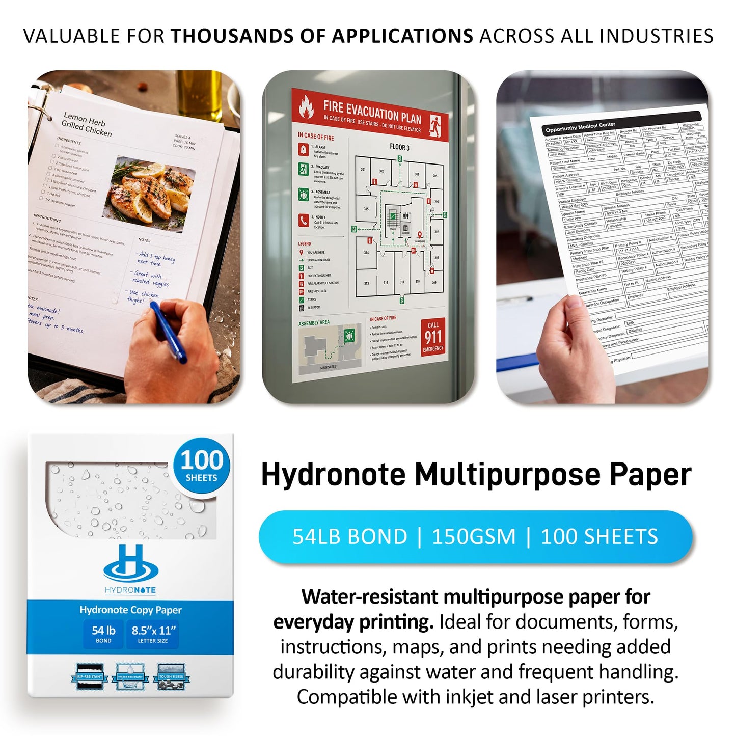 TerraSlate Waterproof Paper - Hydronote 54lb Multipurpose Copy Paper 8.5” x 11”, 100 Sheets, Inkjet Printer and Laser Printer Paper Compatible - Weather/Rain Proof, Durable, White Paper