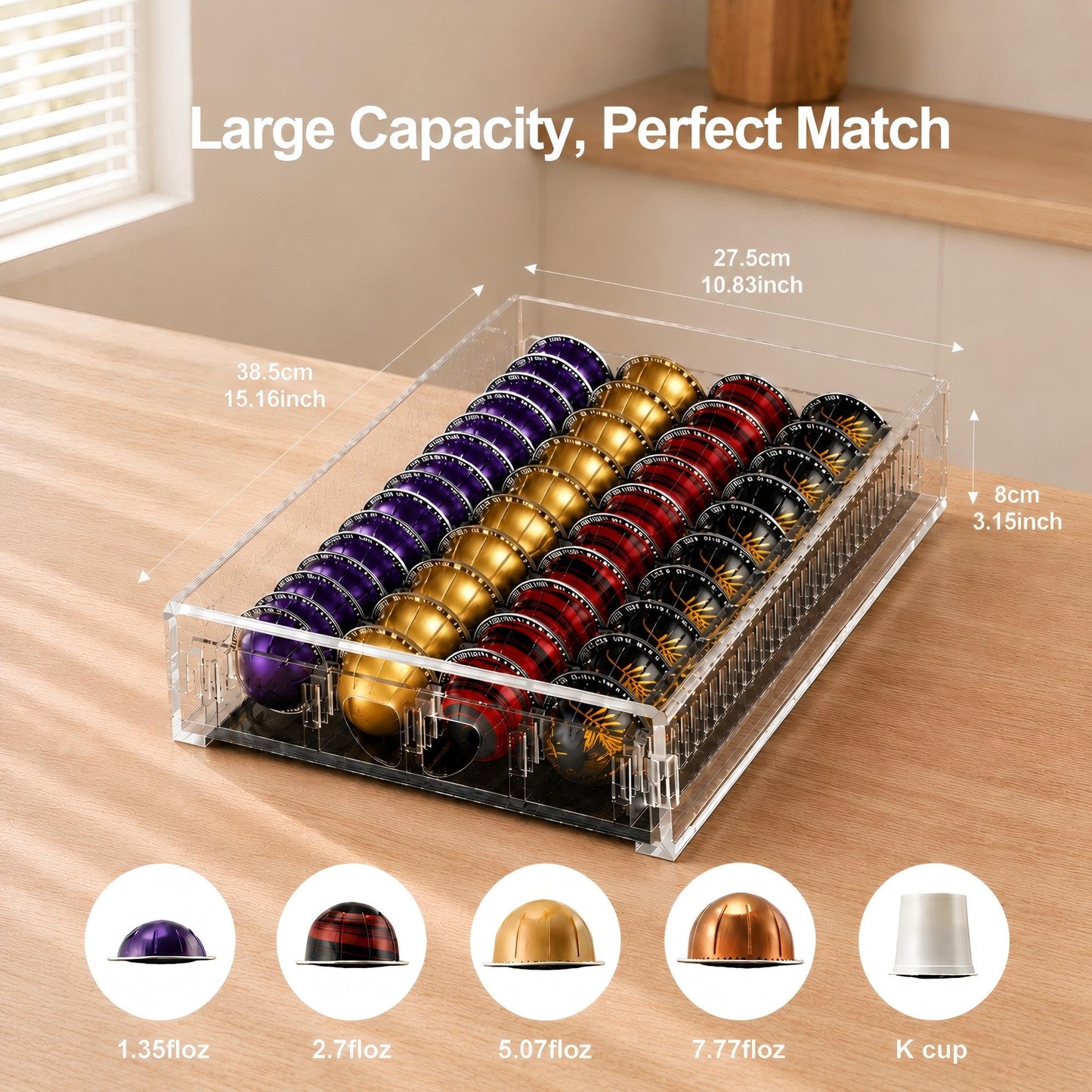 Coffee Pod Drawer Organizer for Nespresso Vertuo Pods,Acrylic Coffee Pod Holder Holds 40 Large or 60 Small Capsules or 28 K-Cups,Pull-Out Drawer with Anti-Slip Base for Home & Office,Matte Black