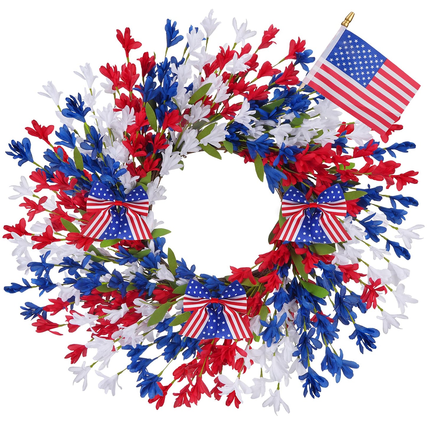 GTIDEA 24'' Patriotic Wreaths for Front Door, American 4th of July Wreath on Grapevine with Red White and Blue Forsythia Flag Bowknot Summer Wreaths for Home Wall Memorial Day Independence Day Decor
