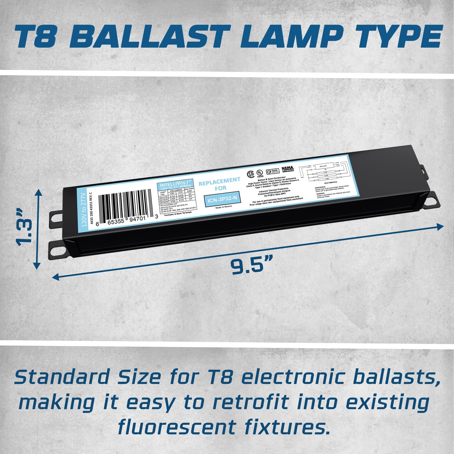 10 Pack - Replacement for ICN-2P32-SC 1 & 2 Lamp T8 Fluorescent Electronic Ballast - 120-277 Volt - Instant Start - UL Approved