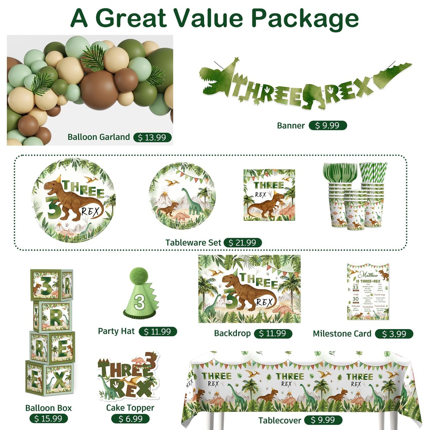 cocomigo 267pcs Three Rex Birthday Decorations Boy Complete Party Set, 3 Rex Birthday Decorations Boys, Serves 25 Guests, for Dinosaur Theme 3rd Party Supplies