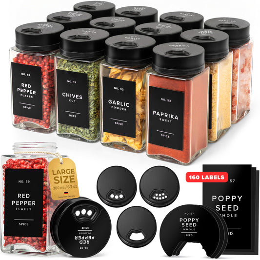 EDELHAUS Glass Spice Jars with Labels & Black Rotating Lids – 12 Large Square Airtight Containers 6.7 oz / 200ml with Shaker Inserts, Funnel & 160 Waterproof Labels for Kitchen Pantry Organization