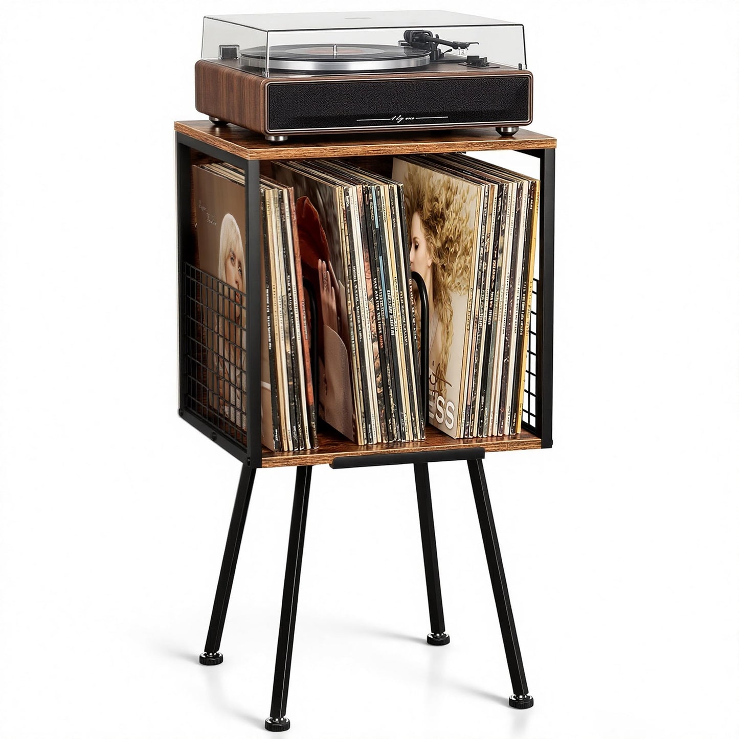 Faesun Record Player Stand with Storage Holds 100+ Vinyl Records, Industrial Turntable Stand with Storage Shelf, LP Album Organizer Cabinet for Small Spaces,Rustic End Table