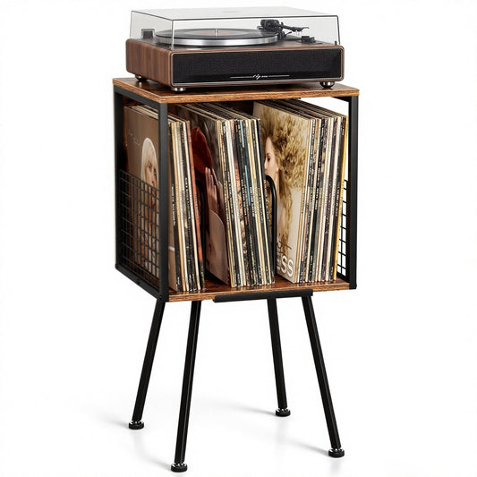 Faesun Record Player Stand with Storage Holds 100+ Vinyl Records, Industrial Turntable Stand with Storage Shelf, LP Album Organizer Cabinet for Small Spaces,Rustic End Table