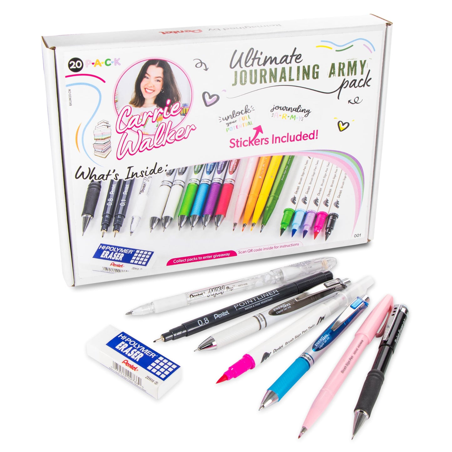 Pentel Carrie Walker Ultimate Journal Mix, Writing and Journaling Kit, Gel Pen/Mechanical Pencil/Marker Variety, 20 Pieces