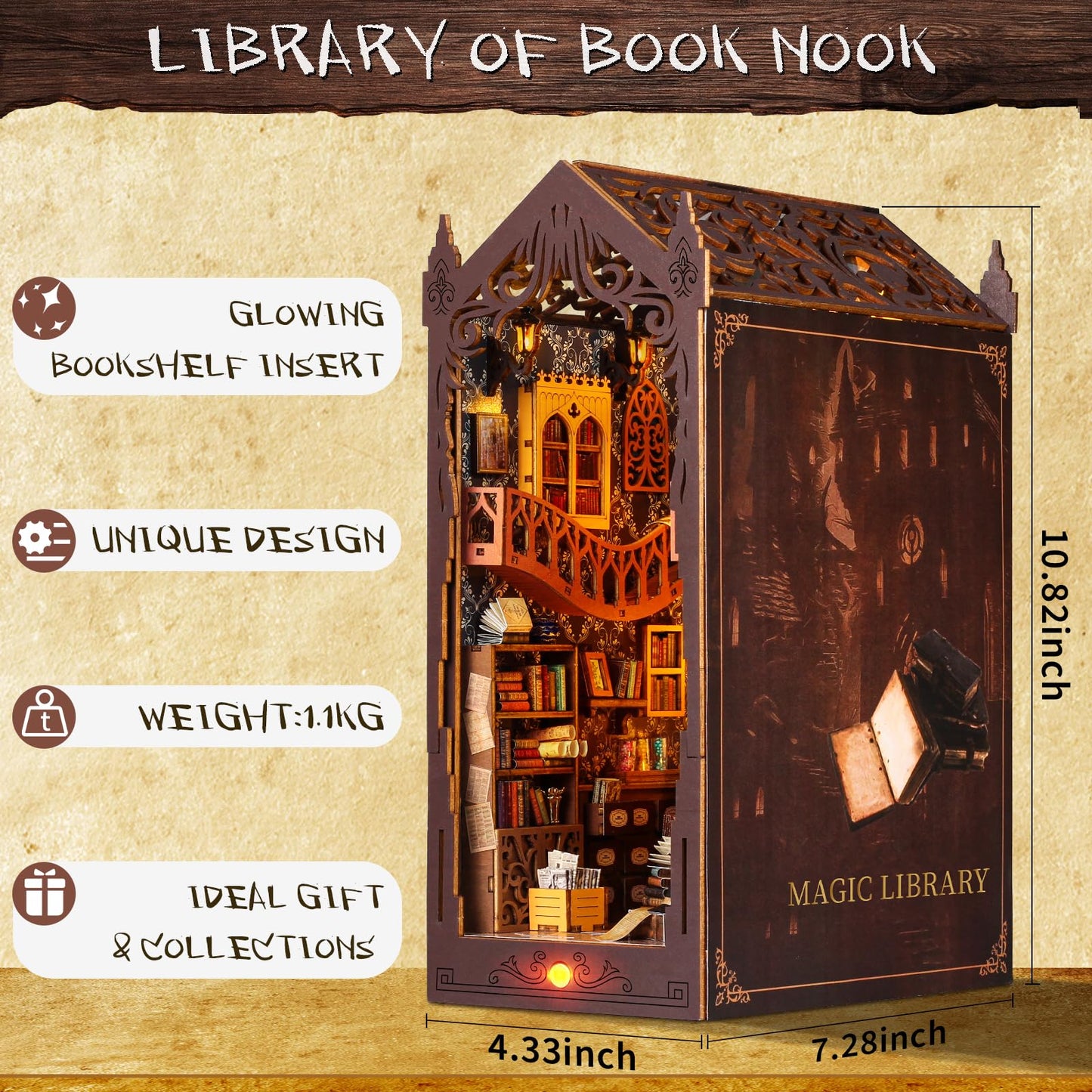 DIY Book Nook Kit - Dollhouse Miniature House Bookshelf Insert Decor Crafts for Adults Teens Halloween, 3D Wooden Puzzle Bookends with Sensor LED Light and Dust Cover