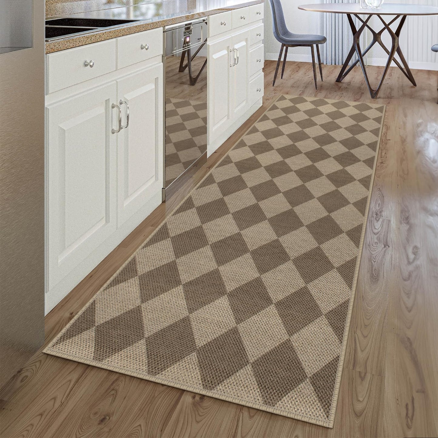 Rugalia Easy Jute Checkered Runner Rug, 2.6x8 Brown Modern Washable Rugs Runner for Hallway Non-Slip Kitchen Runner Rug, Geometric Diamond Indoor Outdoor Carpet for Porch Laundry Entryway