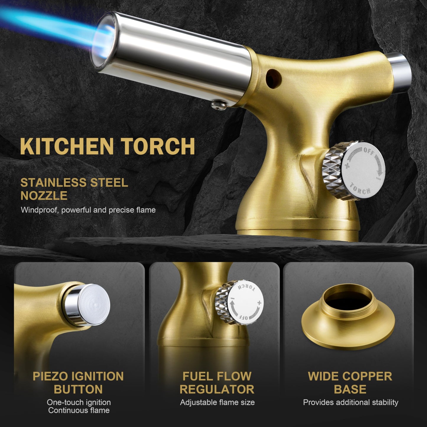 RAVS Butane Torch Lighter with Solid Copper Design, Kitchen Torch Lighter with Adjustable Flame, Refillable Creme Brulee Torch for Cooking, Soldering, Birthday Gifts for Men Women, Butane Not Included