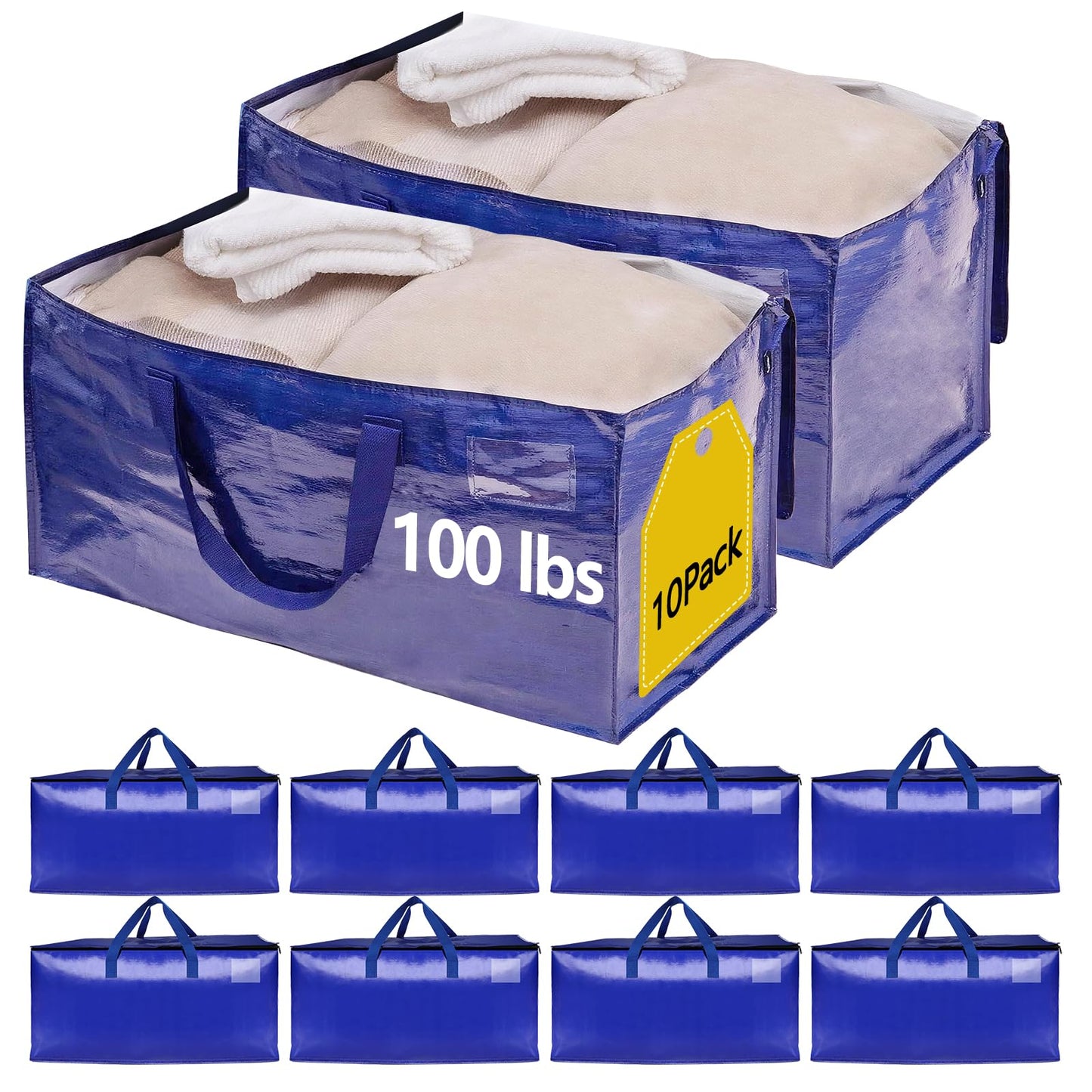 10 Pack Waterproof Moving Bags with Strong Zippers and Reinforced Handles, Real 100lb Capacity Extra Heavy Duty Large Storage Totes for Packing & Moving Storing, Alternative to Moving Boxes -95L,Blue