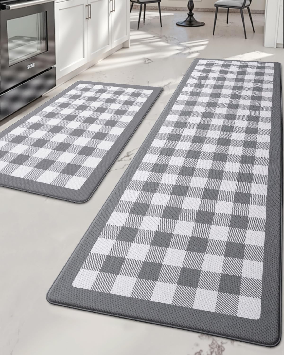 DEXI Kitchen Floor Mats Anti Fatigue, 20x29+20x59 Large Wide Cushioned Runner Rug Memory Foam, Waterproof Comfort Standing Padded Non Skid for Home Office Sink Laundry Grey and White Buffalo Plaid