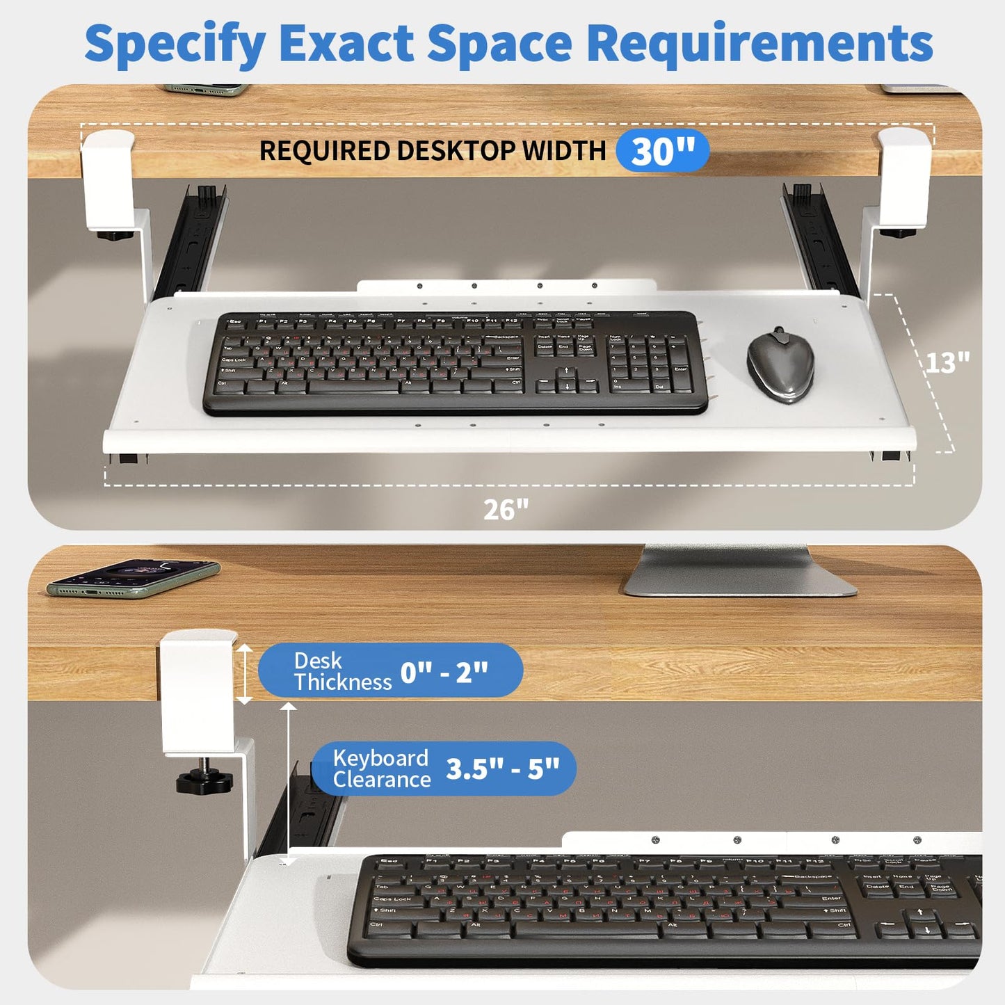 Strifuture Keyboard Tray Under Desk - Full Metal Slide Out Holder, Rust-Resistant & Scratch-Proof, Double C-Clamps, 26x13" Tray for L Shape/Regular Desks, Standing/Sitting Workstation(White-A)