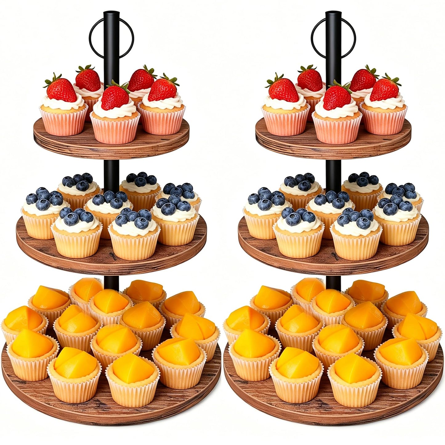 LZelriy Cupcake Stand, 2 Pack Rustic Wood Cake Stand, 3 Tier Cupcake Tower Round Tiered Tray Stand for Dessert Table Display, Industrial Wooden Serving Stand Wedding, Graduation and Baby Shower