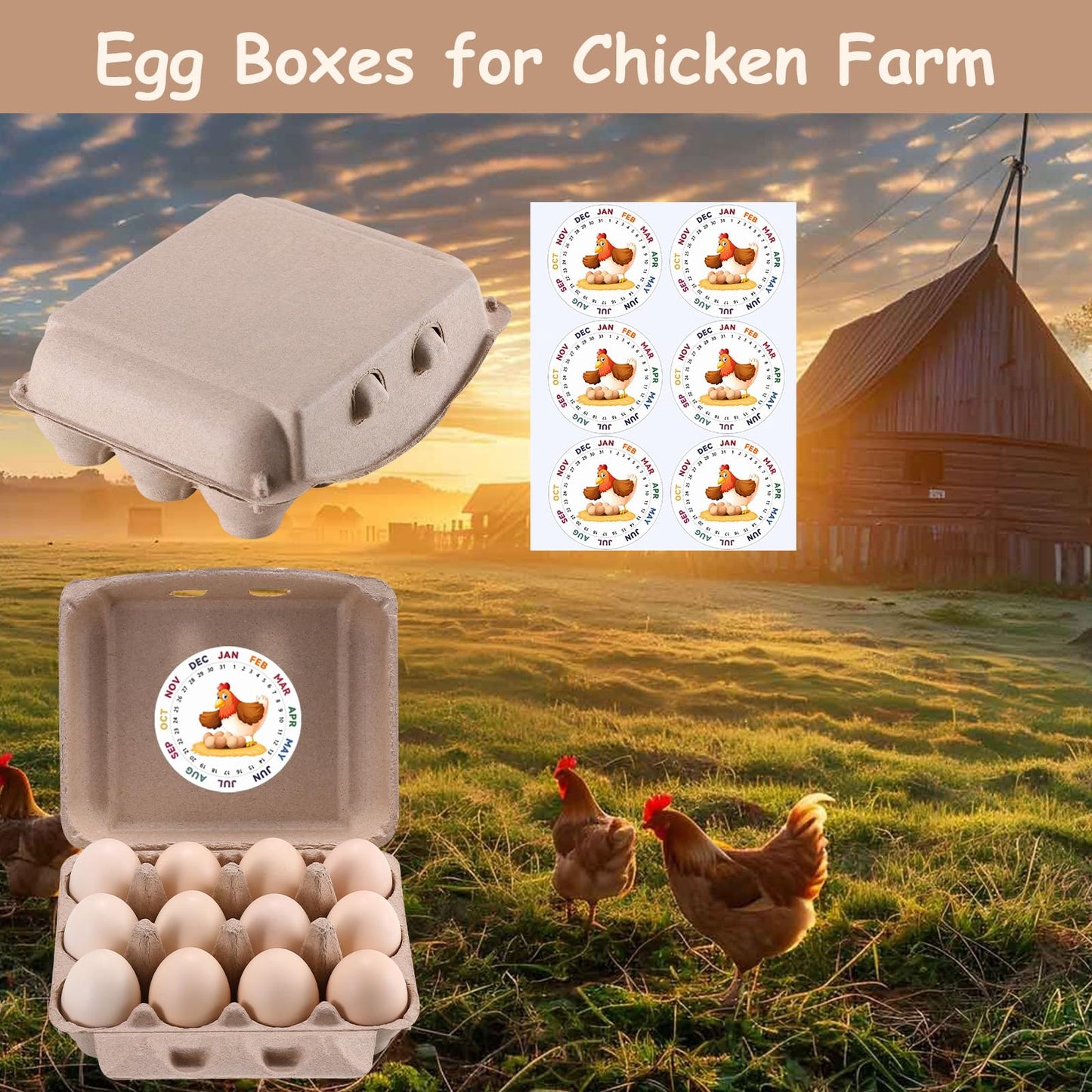 LayHyand 50 Pcs Vintage Egg Cartons with Labels, Square Dozen Egg Basket Blank Natural Paper Pulp, Classical 3x4 Style Holds Up to One Twelve 12 Count Chicken Eggs, Sturdy Eggs Box with Stickers