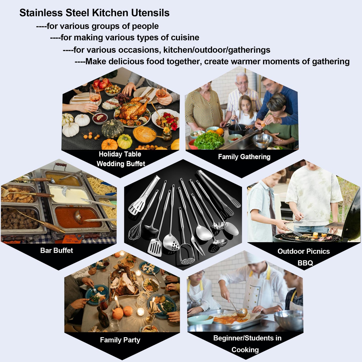 NIITAWH Stainless Steel Kitchen Utensils 12 Pcs, Small Cooking Utensils Set,Spatulas,Ladle,Skimmer,Tunners,Serving Spoon,Spaghetti Spoon,Fork,Potato Masher,Egg Whisk,Tongs,Dishwasher Safe