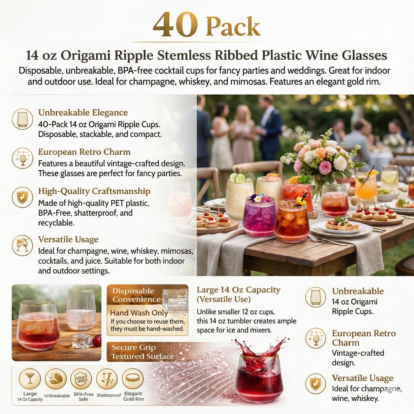 Oojami 40 Pack 14 oz Origami Ripple Stemless Ribbed Plastic Wine Glasses, Disposable Unbreakable BPA-Free Cocktail Cups for Fancy Parties, Weddings, Indoor Outdoor Champagne, Whiskey, Mimosa, Gold Rim
