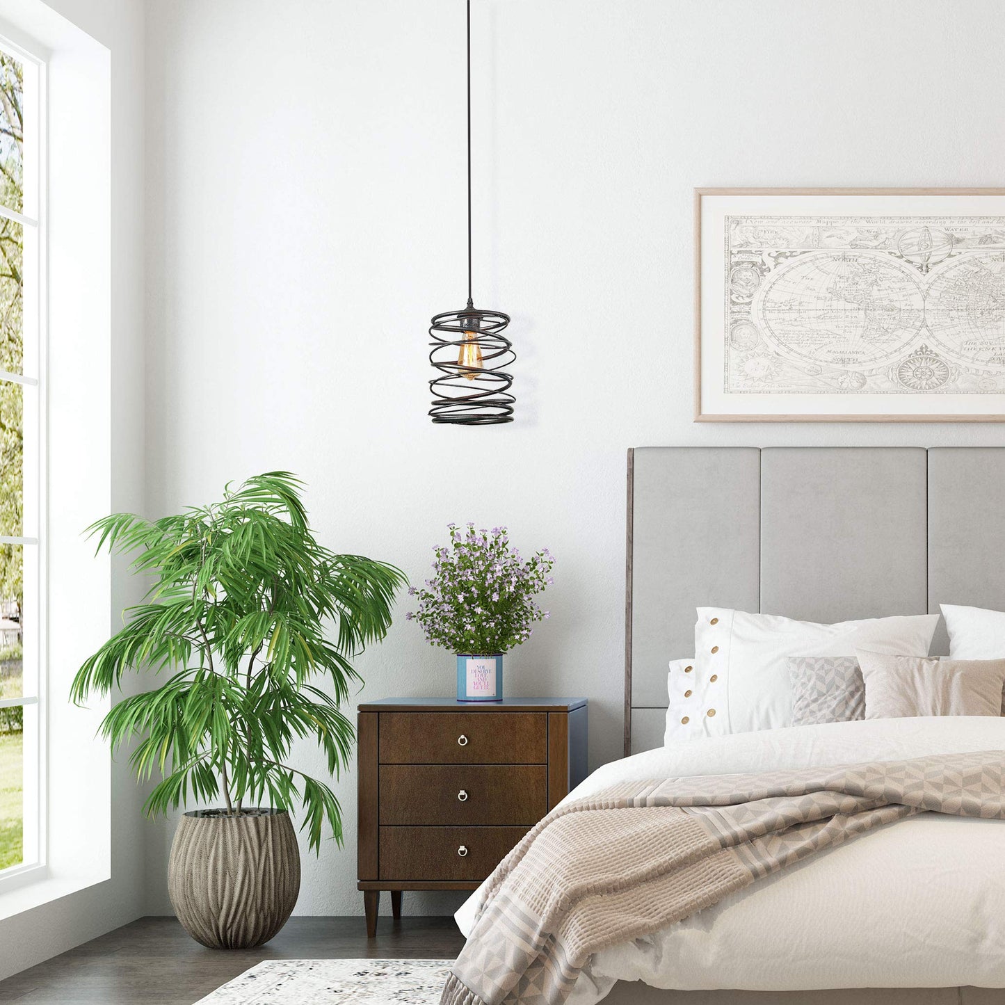 LNC Pendant Lighting for for Kitchen Island，Rustic Farmhouse Brown Rust Cage Hanging Lamp, Antique Silver Black, A03292