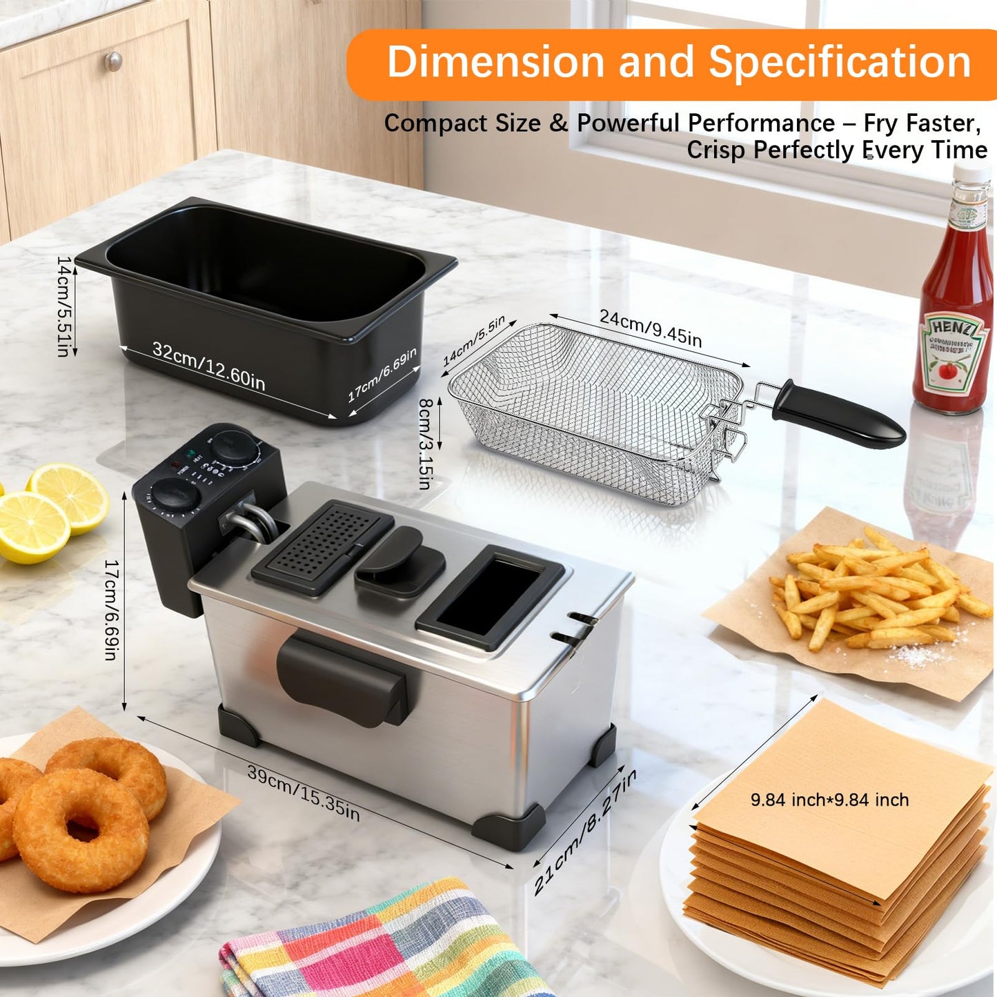 CATTLEMAN CUISINE Immersion Deep Fryer with Basket, 1600W, 3L Small Deep Fryer with Timer Control, Fryer Pot for Home Use, Temperature Control, Lid with Viewing Window, Stainless Steel Electric Fryer