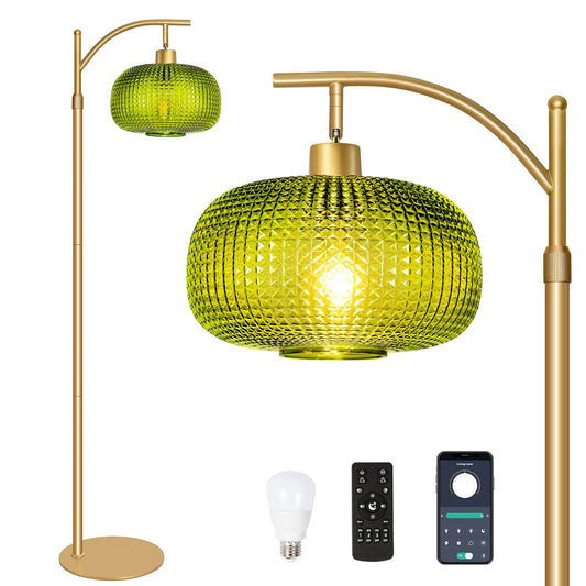 Duoled Modern Floor Lamp for Living Room, Mid Century Tall Standing Lamp Green Glass Lamp Shade, Dimmable Gold Tall Pole Lamp for Bedroom Office with Remote, 1 x 12W LED Edison Bulbs Included