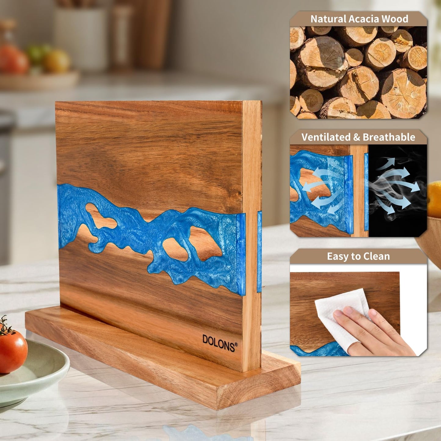 DOLONS Magnetic Knife Block,Acacia Wood And Resin Kitchen Magnetic Knife Holder，Equipped with strong magnets,Multifunctional Double Side Knife Storage Organizer for Kitchen Counter ，Gifts for new home