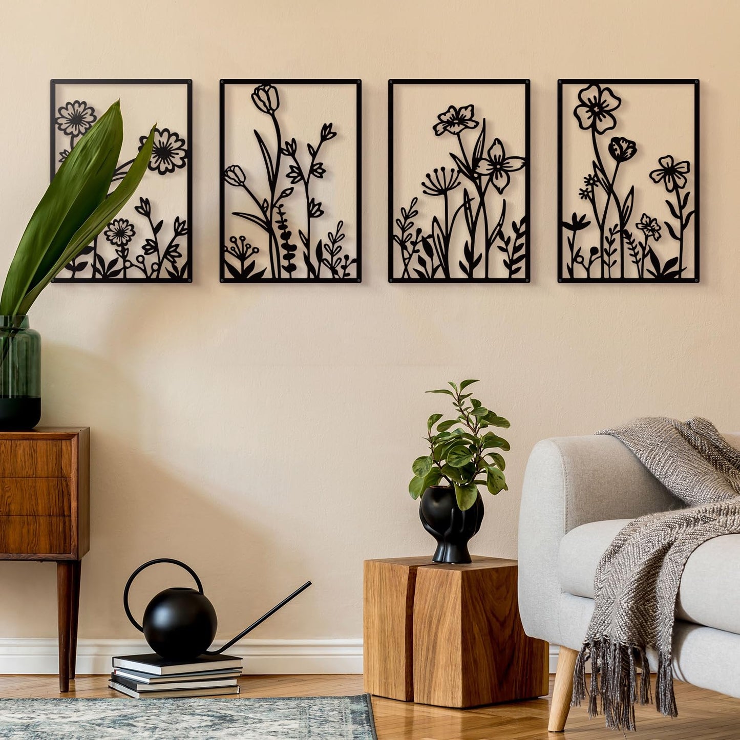 Sokurdeg Black Metal Flower Wall Decor, Minimalist Floral Botanical Wall Art, Abstract Line Boho Farmhouse Decor for Living Room, Bathroom, Bathroom, Office, Meaningful Gift (4 Pcs, 12x17 in)