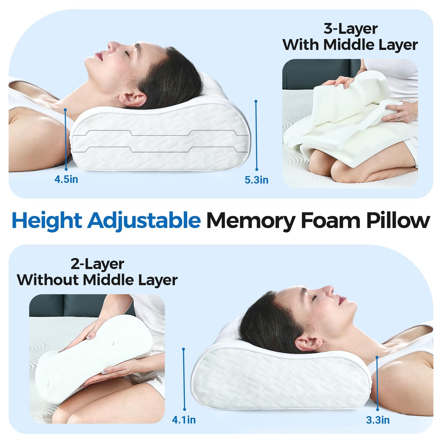 Elviros Cooling Memory Foam Pillow with Breathable Cover, Adjustable Height Bed Pillow for Neck Support, Ergonomic Cervica Neck Pillow for Side Stomach and Back Sleeper, Queen Size, 23.6"×14"×5.3"