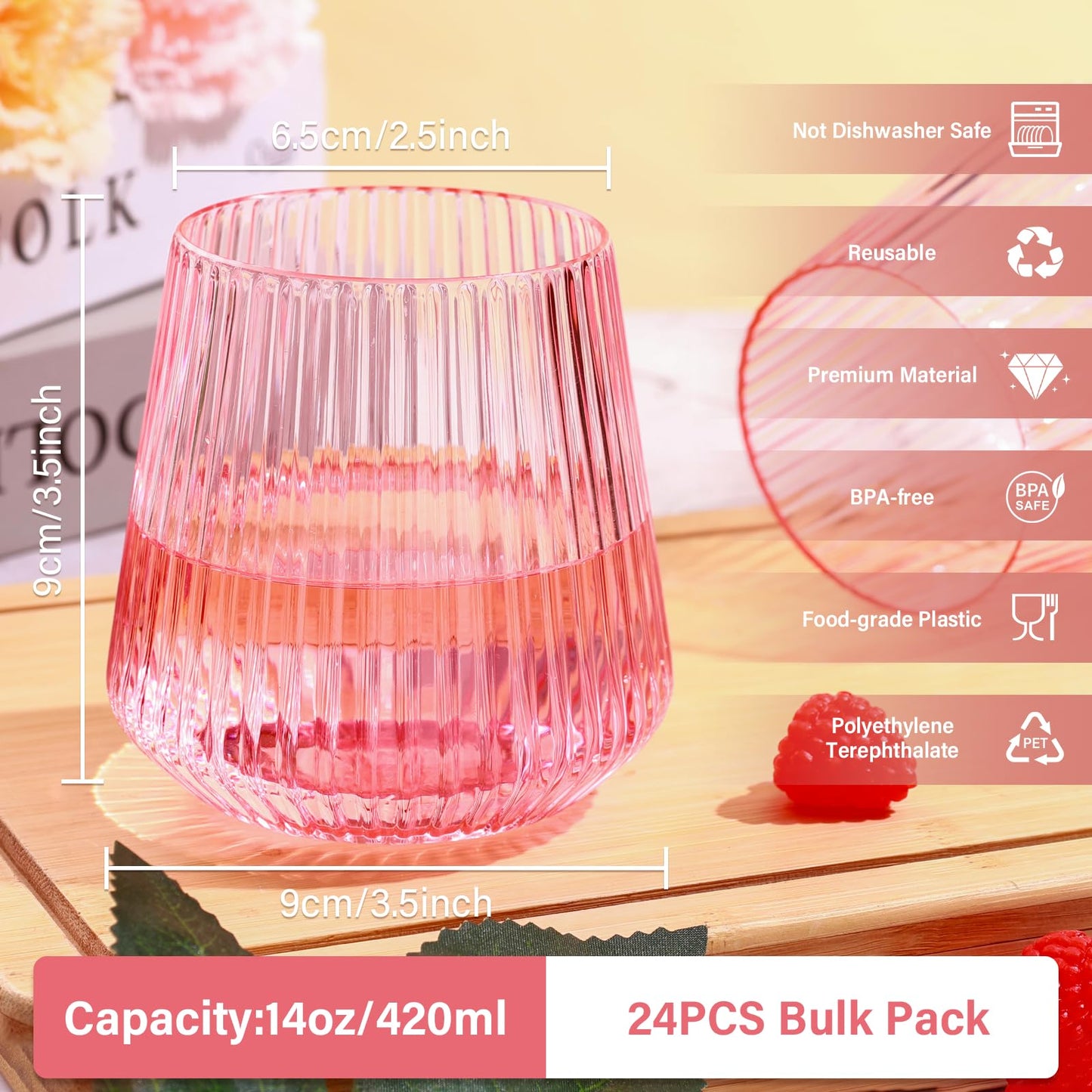 24 Pack Pink Plastic Wine Cups, 14oz Disposable Stemless Ribbed Wine Glasses, Cute Clear Unbreakable Outdoor Cocktail Glasses, Heavy Duty Plastic Drinking Cup for Galentine Wedding Party Mimosa Bar