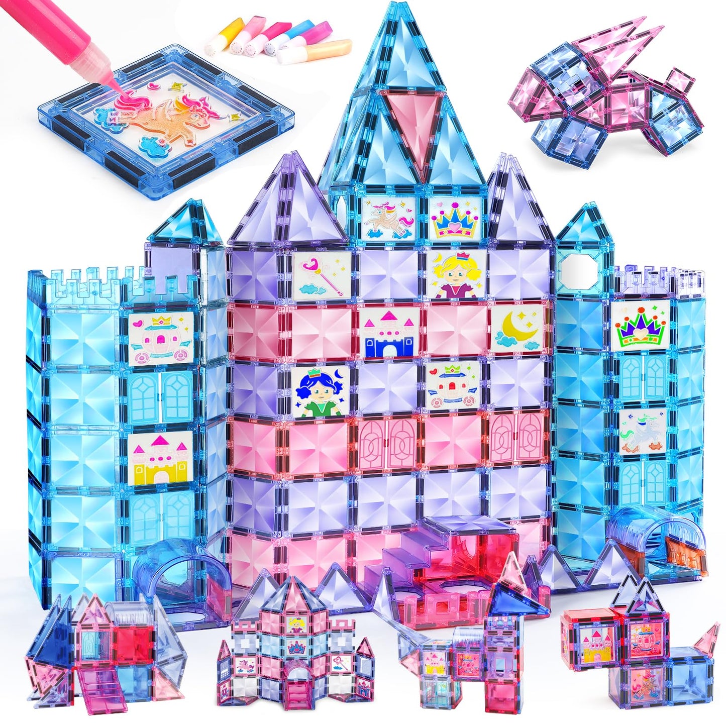 TOY Life Magnetic Tiles for Kids Ages 4-8, Building Toys Magnetic Toys for Toddlers 3+, 68pcs Princess Castle Magnet Tiles with Windows Art, Magnetic Building Blocks Toddler Toys Games