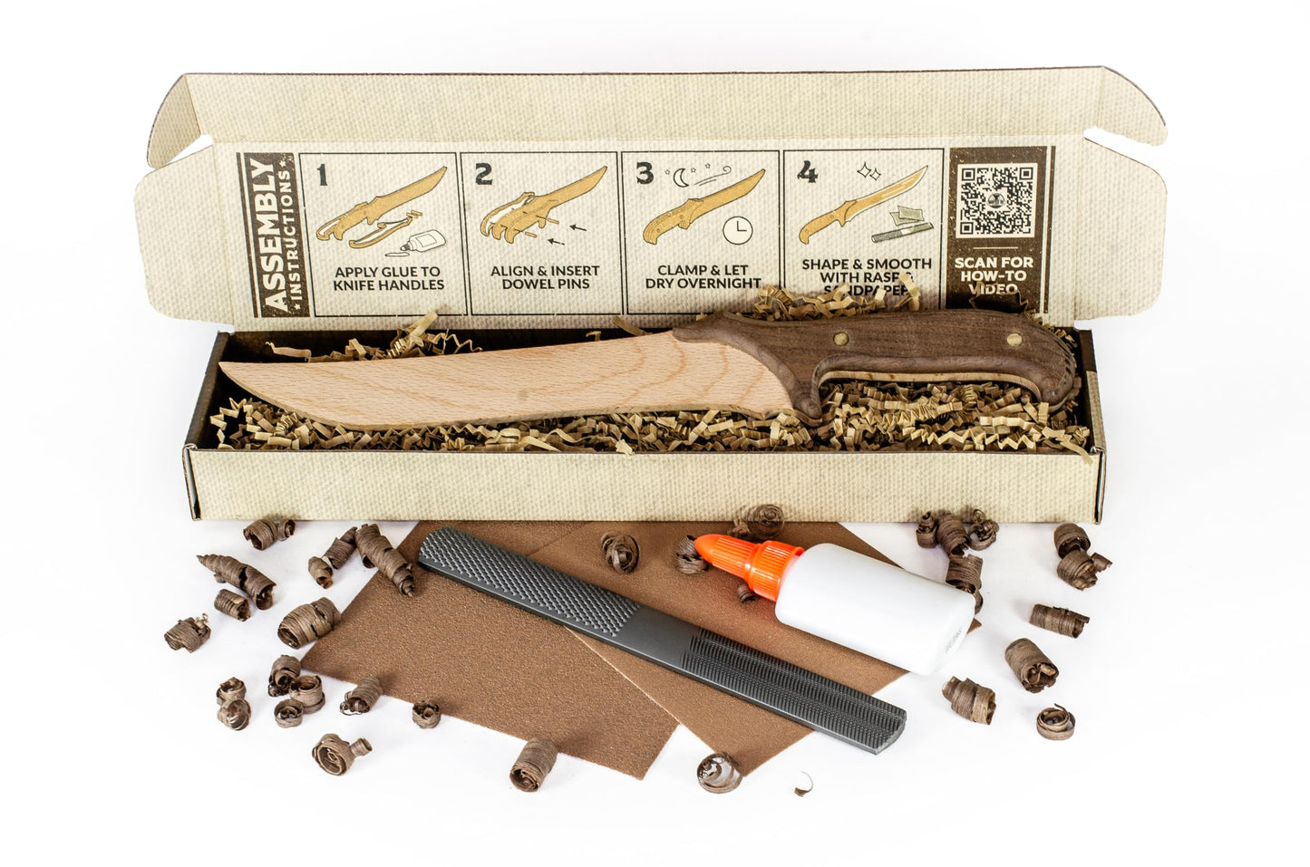 Sargas Wooden Knife Making Kit for Kids Teens and Adults, DIY Craft Woodworking Gift, 13 Inch Hardwood Blade with Walnut Handles and Pins, Includes Rasp Sandpaper Wood Glue How-to Video, Made in USA