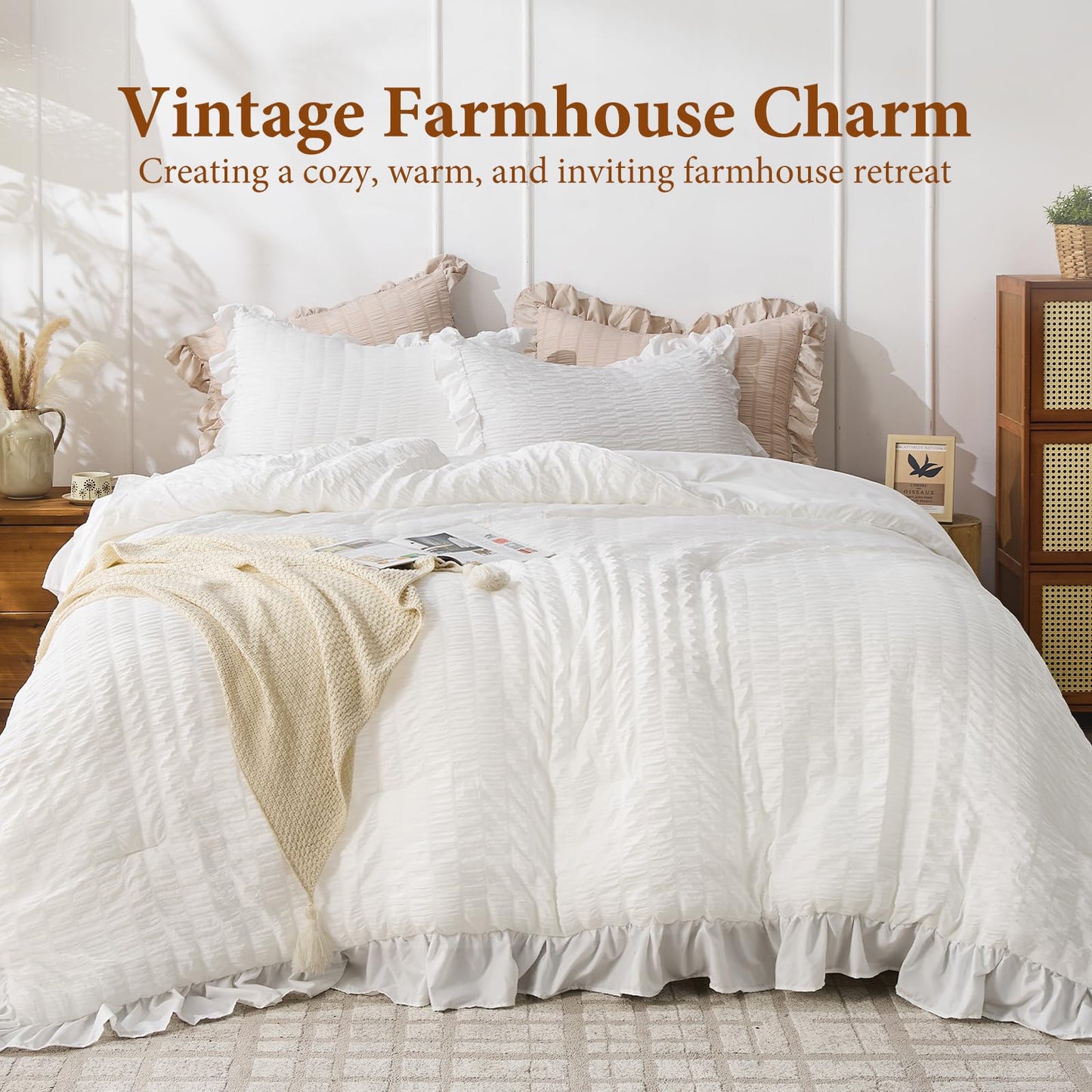 JOLLYVOGUE White Comforter Full Size, 3 Pieces Seersucker Lightweight Full Size Bedding, All Season Fluffy Microfiber Bedding Comforter Set with 1 Ruffle Comforter and 2 Ruffle Pillowshams